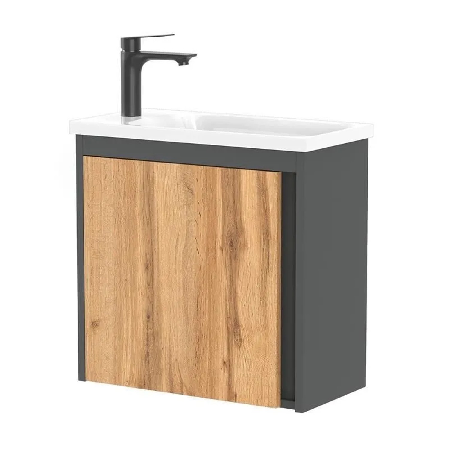 Planetmöbel Waschbeckenunterschrank 50 cm Grau Matt Wotan Eiche mit Waschbecken Armatur Schwarz
