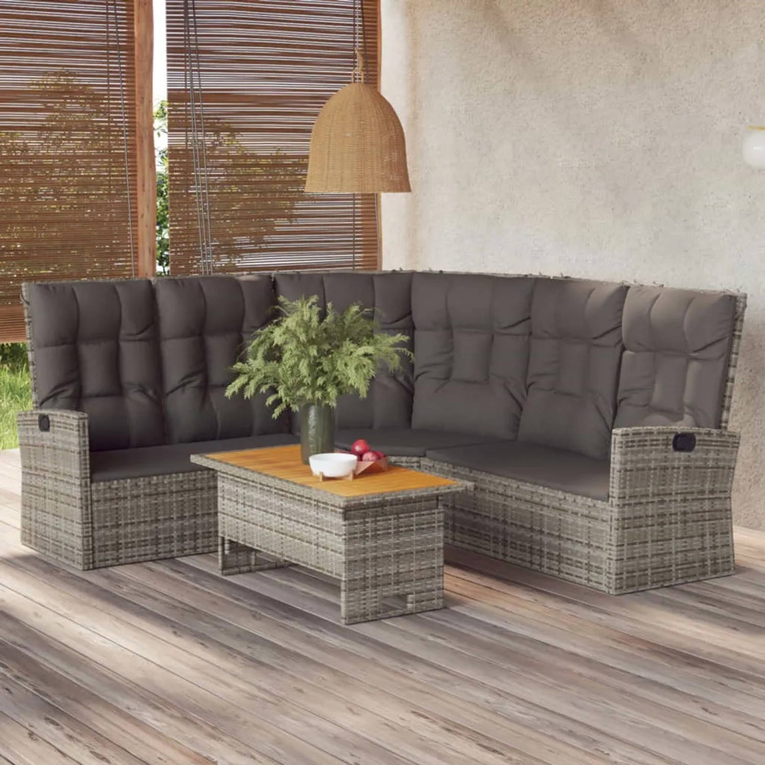 Graues vidaXL Garten Lounge Set mit Kissen, bestehend aus Ecksofa und Tisch. Gartenmöbel aus Polyrattan.