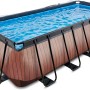 Rechteckiger EXIT Wood Pool mit Holzoptik, Abdeckung, Sandfilterpumpe und Wärmepumpe.