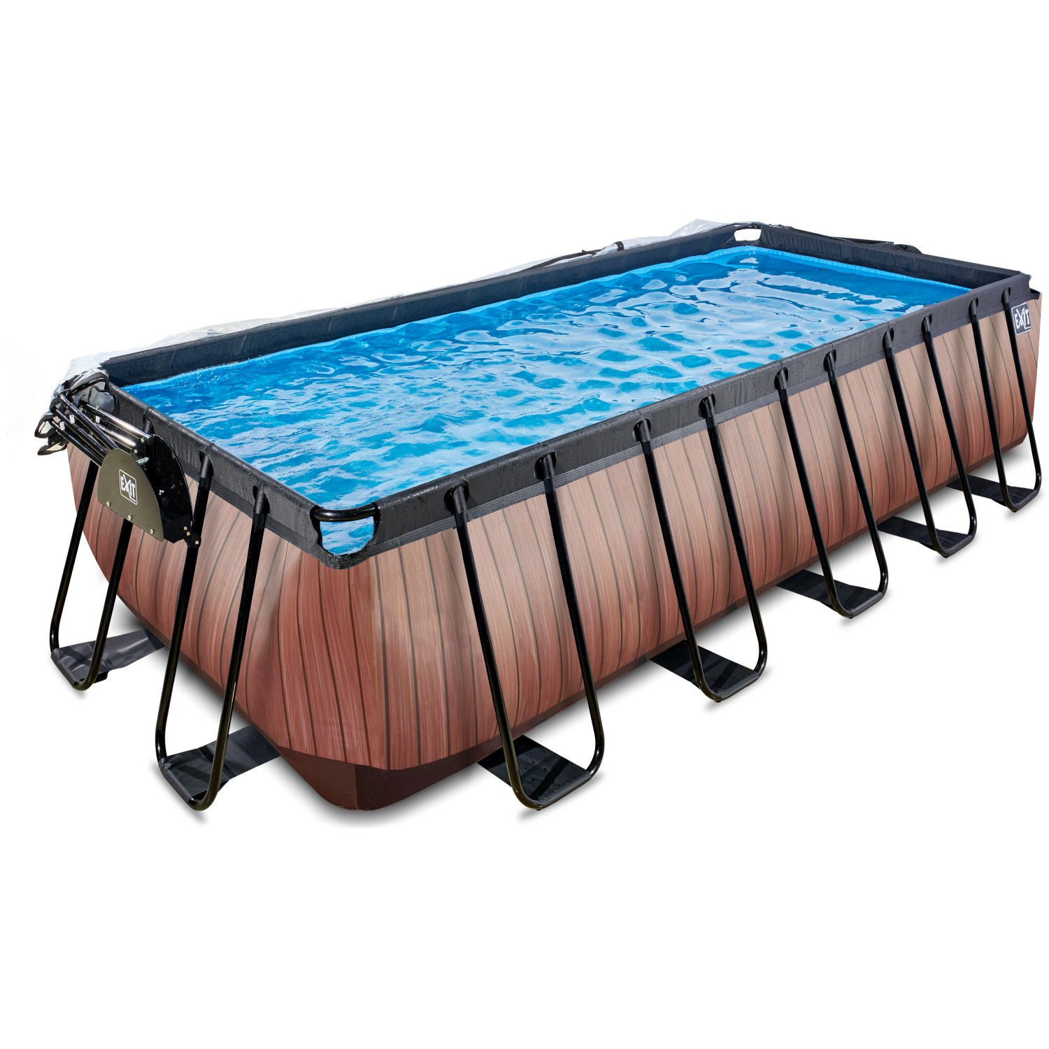 Rechteckiger EXIT Wood Pool mit Holzoptik, Abdeckung, Sandfilterpumpe und Wärmepumpe.