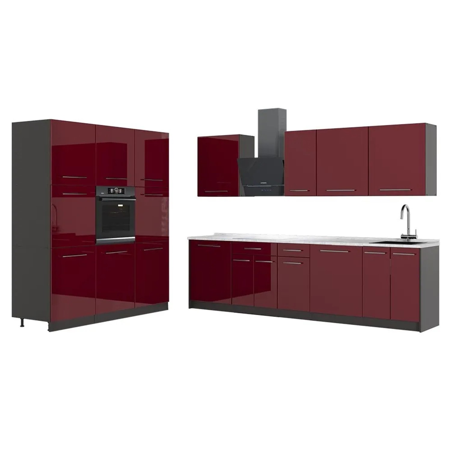Vicco Küchenzeile Fame-Line Bordeaux Hochglanz/Anthrazit 460 x 207 AP Marmor Art Nr 63771
