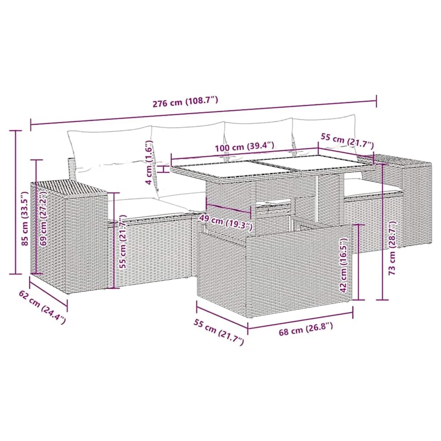 vidaXL 5-tlg. Garten-Sofagarnitur braun Poly Rattan mit Maßangaben.