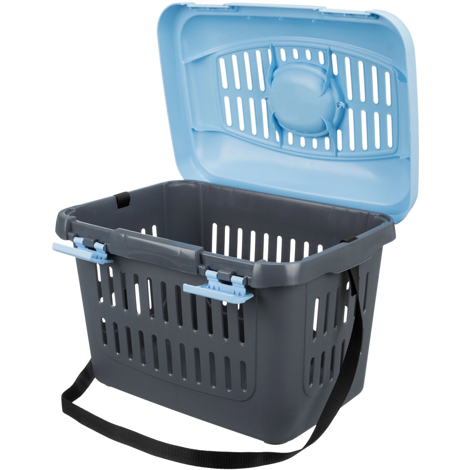 Trixie Transportbox Midi-Capri XS, dunkelgrau/hellblau, mit Tragegurt und geöffnetem Deckel.