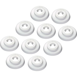 10 weiße Scharnierrosetten, Ø 15 mm, zum Abdecken von Rohrdurchführungen.