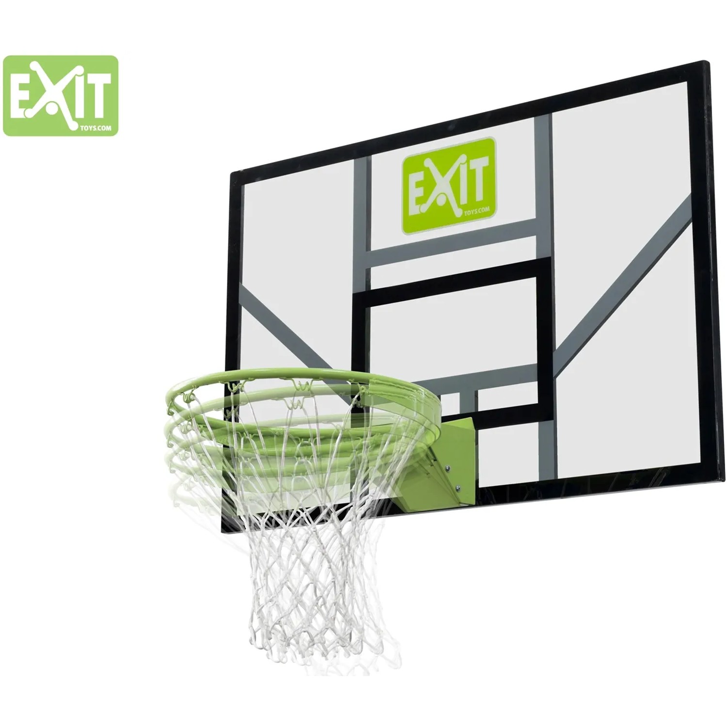 EXIT Galaxy Basketballbrett mit grünem Dunkring und Netz vor weißem Hintergrund.