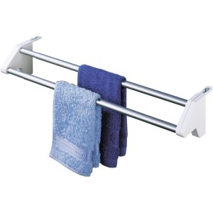 Wenko Heizkörper-Wäschetrockner Standard Weiß mit zwei Handtüchern in blau Tönen.