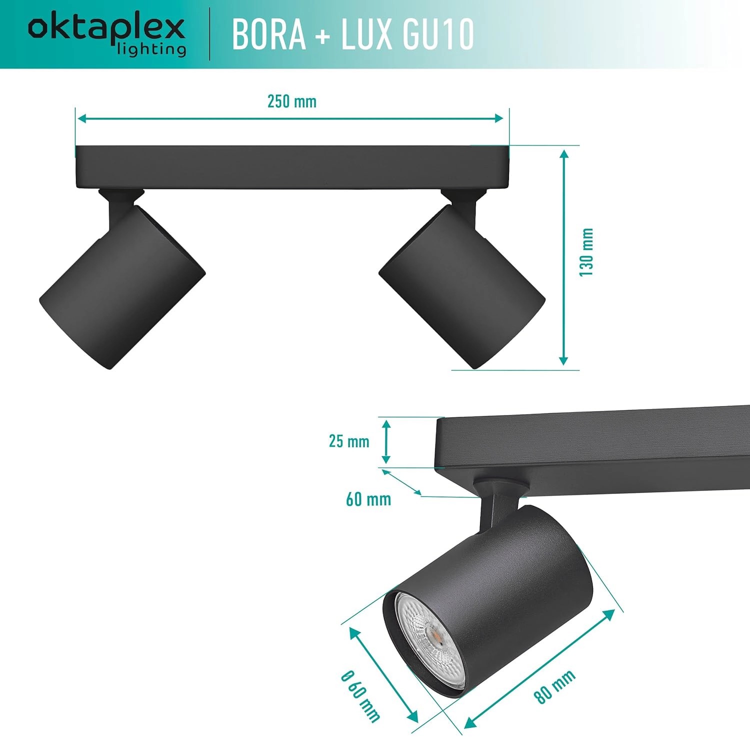Oktaplex Bora Deckenstrahler, 2-flammig, schwarz, mit Maßen. Schwenkbare Deckenleuchte.