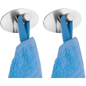 2er Set Wenko Wandhaken Piceno aus Edelstahl, selbstklebend, mit blauem Handtuch.