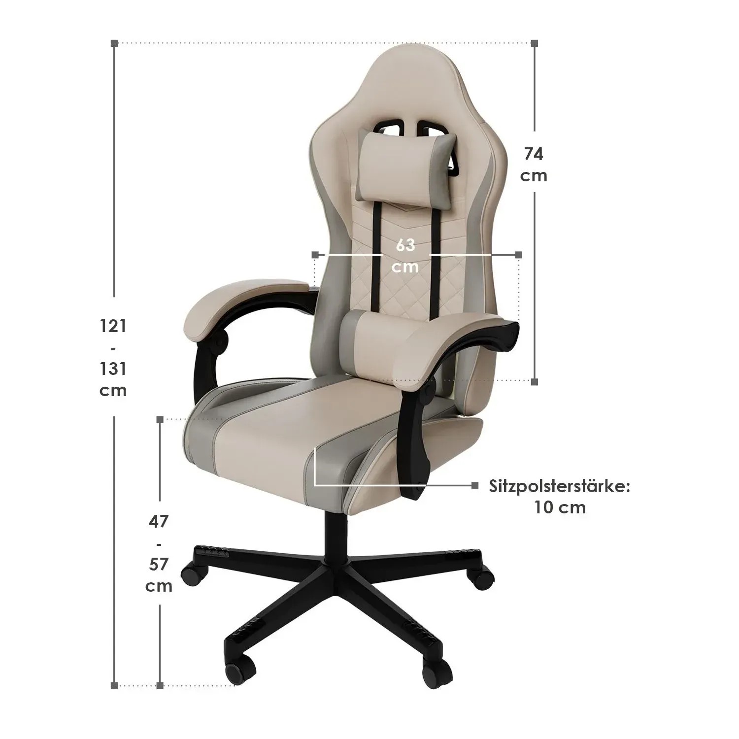 Juskys Gamingstuhl HyperSeat, beige/hellgrau, mit Maßangaben.