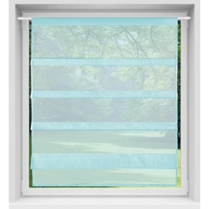 Türkisfarbene Bistrogardine mit Raffoptik und Stangendurchzug am Fenster.