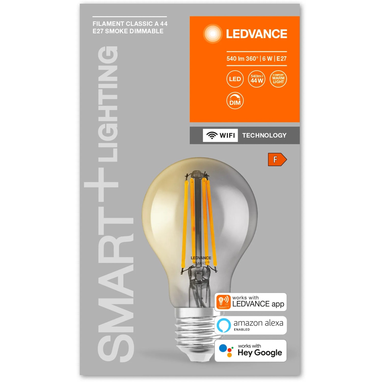 Ledvance Smart+ Filament Leuchtmittel, E27, 6W, grau. Smarte LED Lampe mit WiFi Technologie, warmweißes Licht.