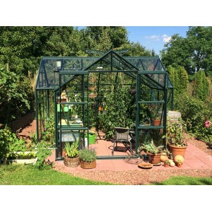 Vitavia Gewächshaus Sirius Smaragd mit Fundament, 13 m², im Garten mit Pflanzen.