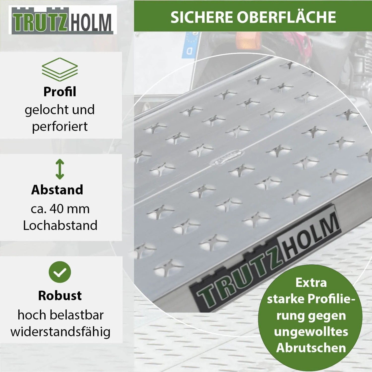 Detailansicht TRUTZHOLM Alu Auffahrrampe mit rutschfester Oberfläche und Perforation.