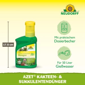 Neudorff Azet Kakteen- und Sukkulentendünger, 250ml Flasche mit gelbem Deckel.