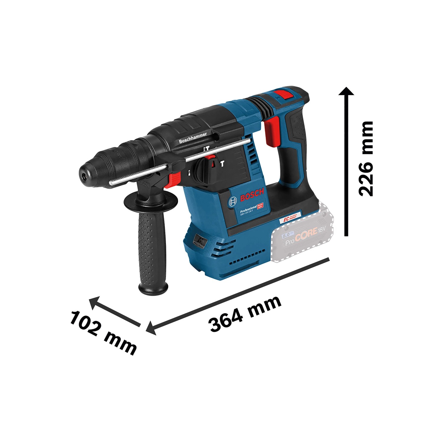 Bosch Professional Akku-Bohrhammer GBH 18V-26, blau-schwarz, mit Zusatzhandgriff. Maße: 364x226x102 mm.