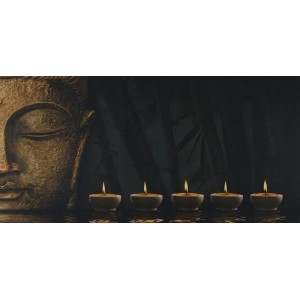 LED-Leinwandbild mit Buddha-Kopf und fünf flackernden LED-Kerzen für meditative Deko. Mit Timerfunktion.