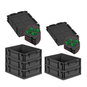 PROREGAL SparSet 5x Eurobox Nextgen Grip Mit Auflagedeckel Und Grünen Verschlüssen HxBxT 12x30x40cm 11 Liter Schwarz Griffe Geschlossen