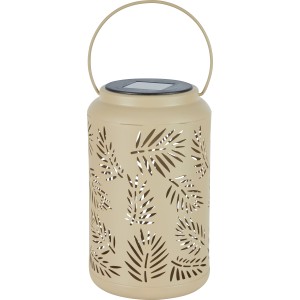 Beige Solar-LED-Laterne mit Blätter-Muster, Ø 12 cm x 20 cm, für Garten und Balkon.