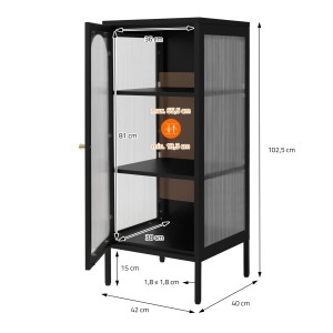 Schwarzer ML-Design Vitrinenschrank, 102,5 cm hoch, mit Glastür und zwei verstellbaren Einlegeböden.