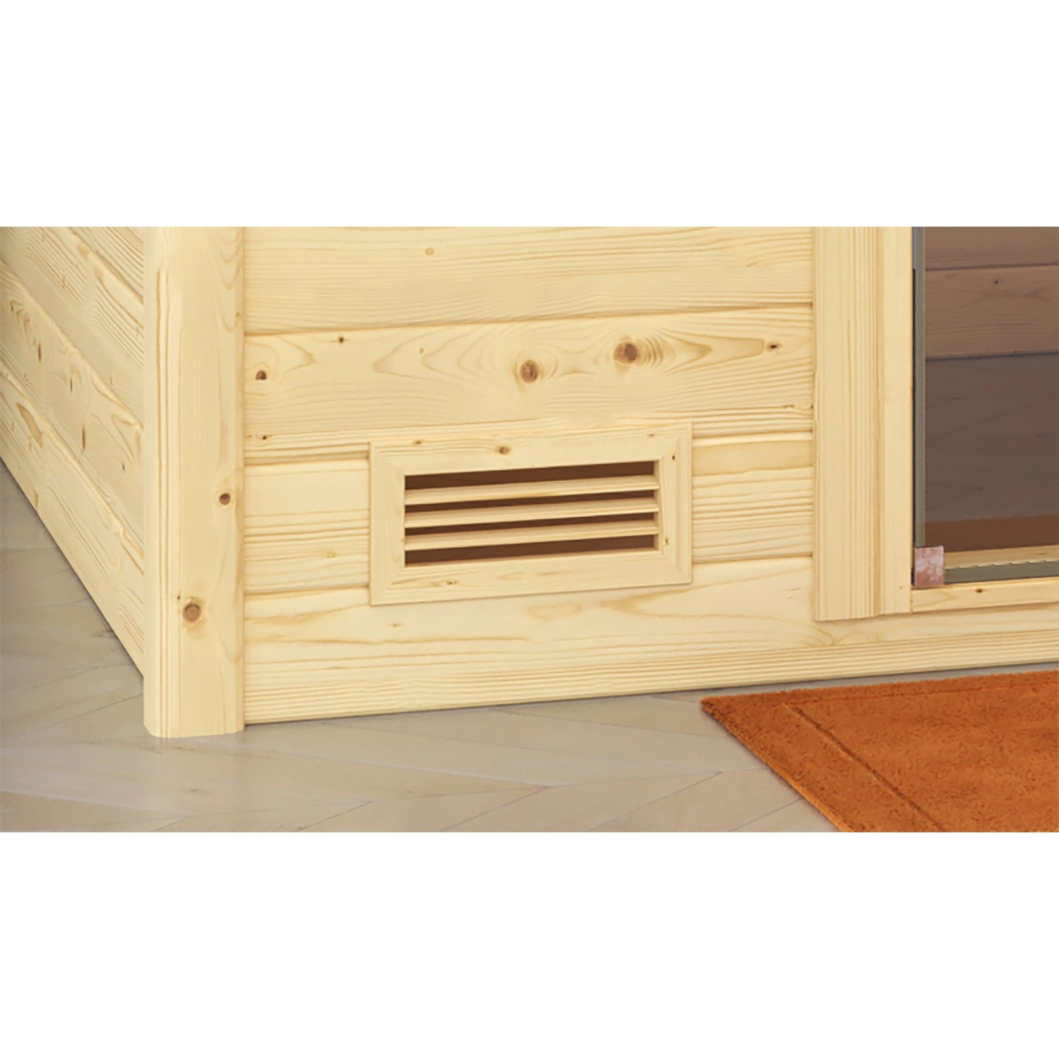 Weka Zuluft-Blende aus Lindenholz für Valida Massivholzsauna, Detailansicht.