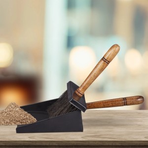 Relaxdays Kehrgarnitur Eisen Mangoholz Schwarz Braun Pulverbeschichtet mit Juteborsten 35,5 cm x 18 cm x 8 cm
