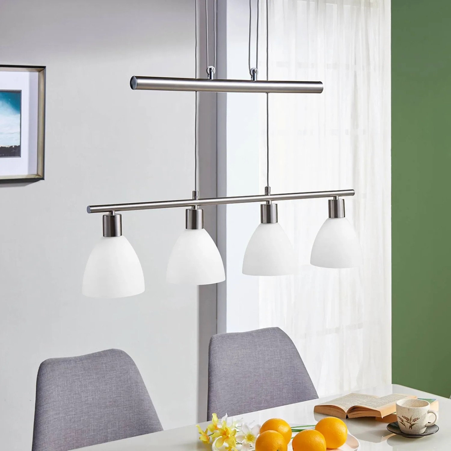 Moderne Lindby Pendelleuchte Simeon, 4-flammig, Alu/Glas, für Wohnzimmer & Esszimmer.