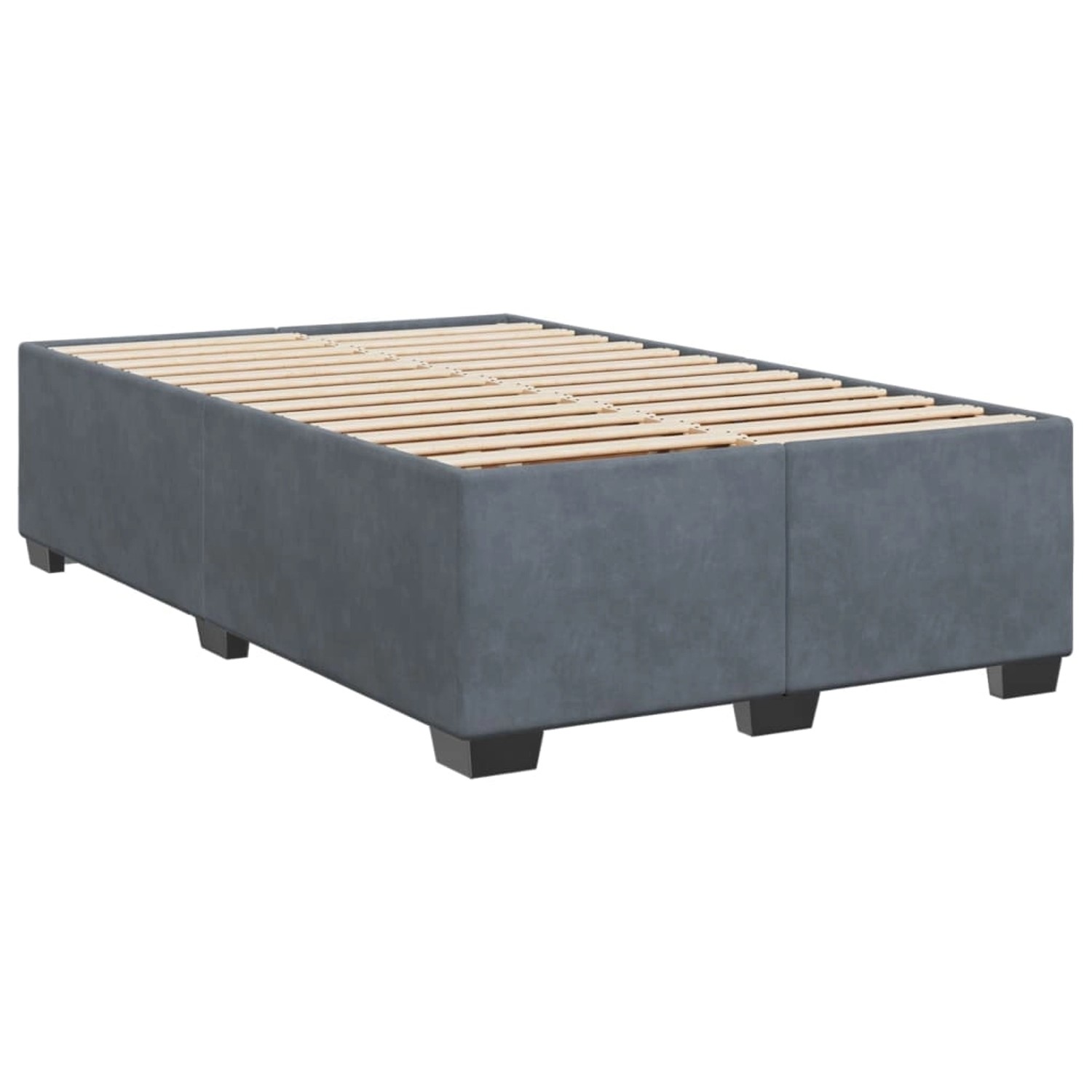 Boxspringbett in Dunkelgrau mit Lattenrost. Bett aus Samt, ohne Matratze.