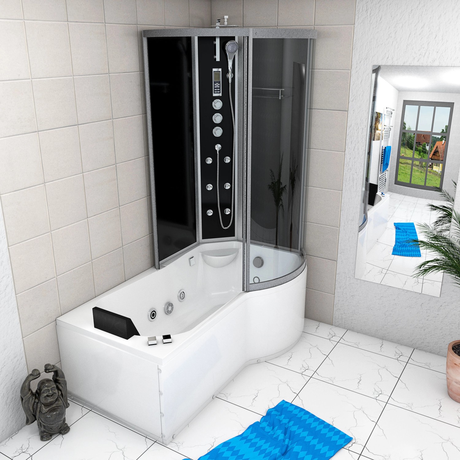 AcquaVapore Whirlpool-Duschkombination 170x100 mit schwarzer Duschkabine und weißer Badewanne.