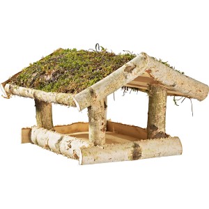 Großes Vogelfutterhaus aus Birke mit Moosdach für Wildvögel.