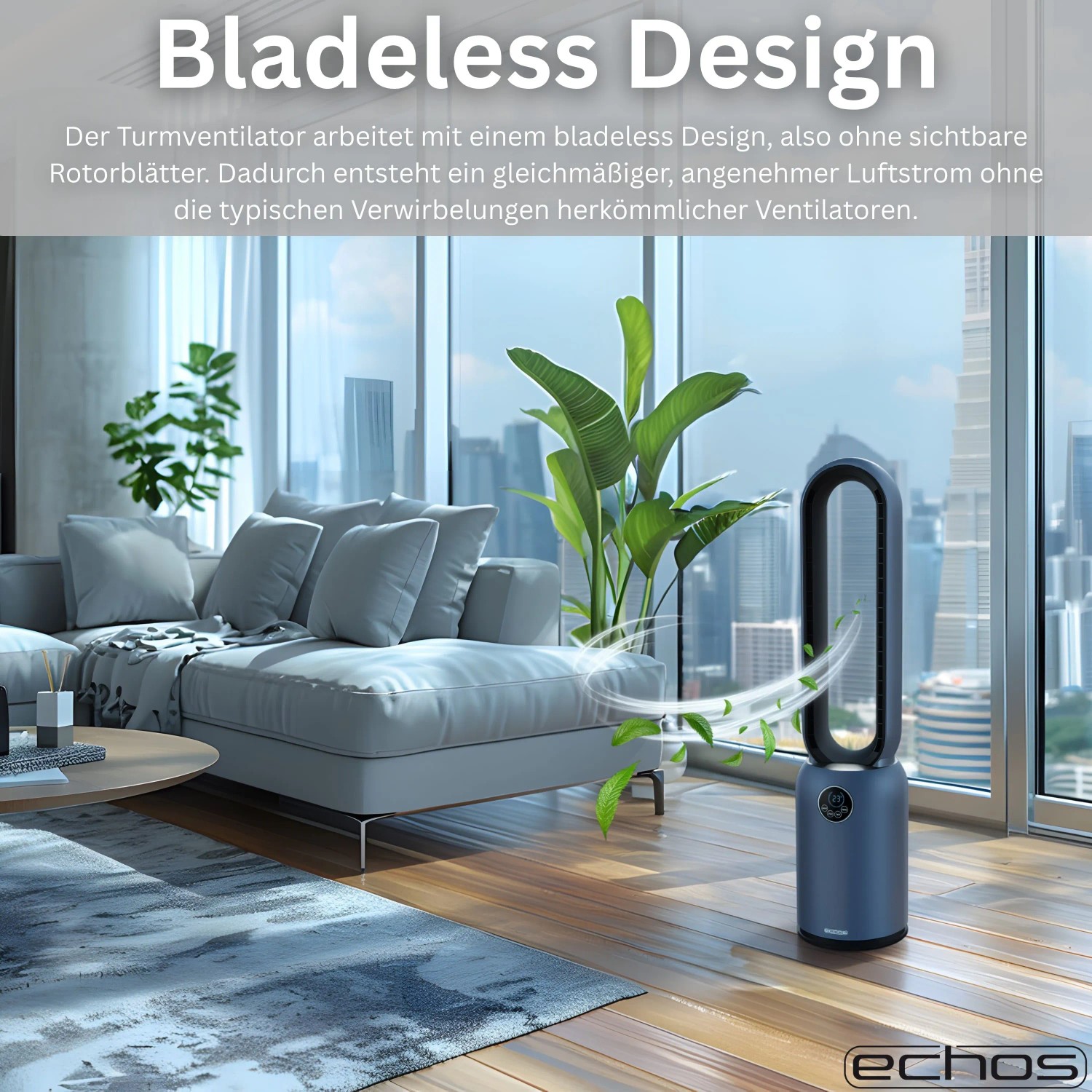 Echos Turmventilator Eco-1220, blauer, HEPA-Filter, 24 Stufen, mit Fernbedienung im Wohnraum.