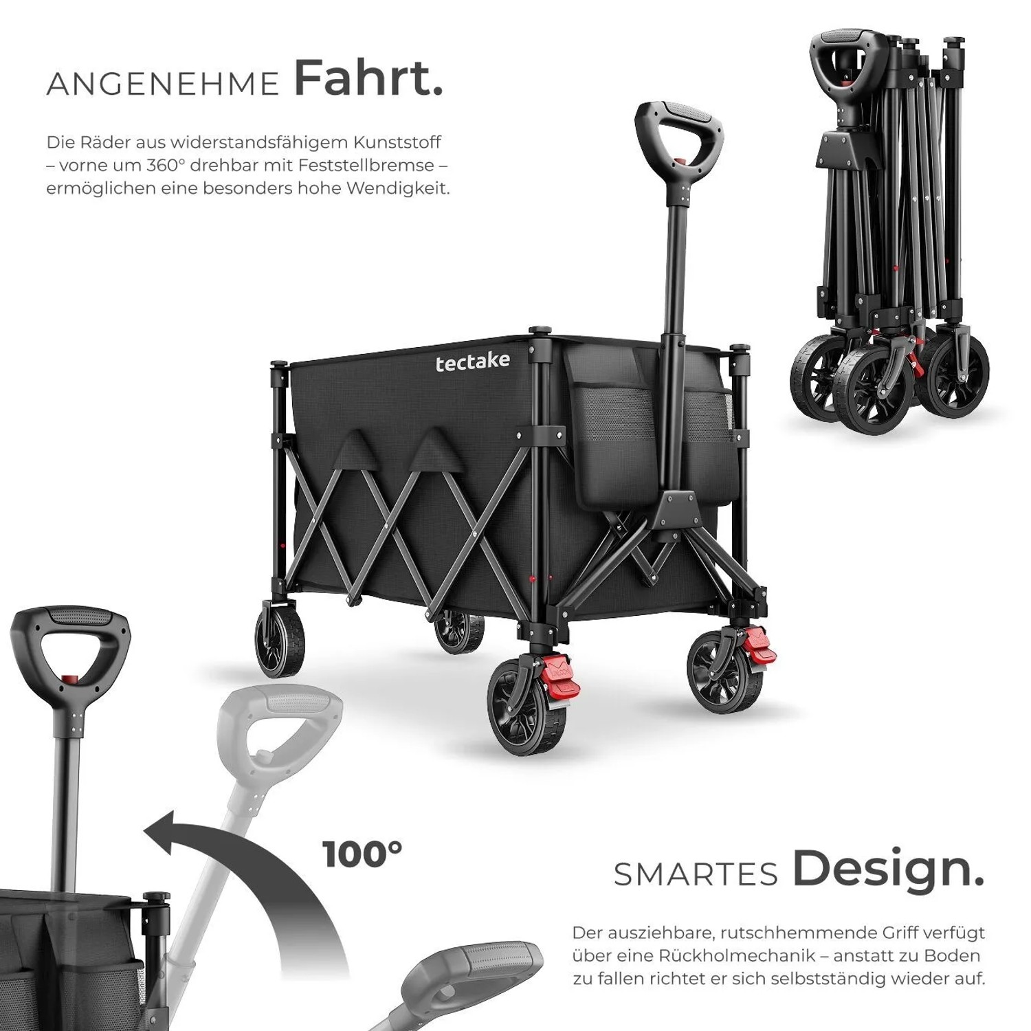 Tectake Bollerwagen Rollrider, faltbar, mit Kunststoffrädern, 120L, schwarz. Ideal für Camping & Freizeit.