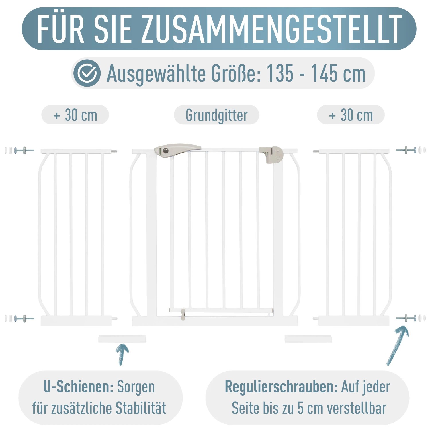 ib style Türschutzgitter Berrin 58-185cm Treppenschutzgitter für Kinder und Haustiere Ohne Bohren Weiß 135-145 cm_9