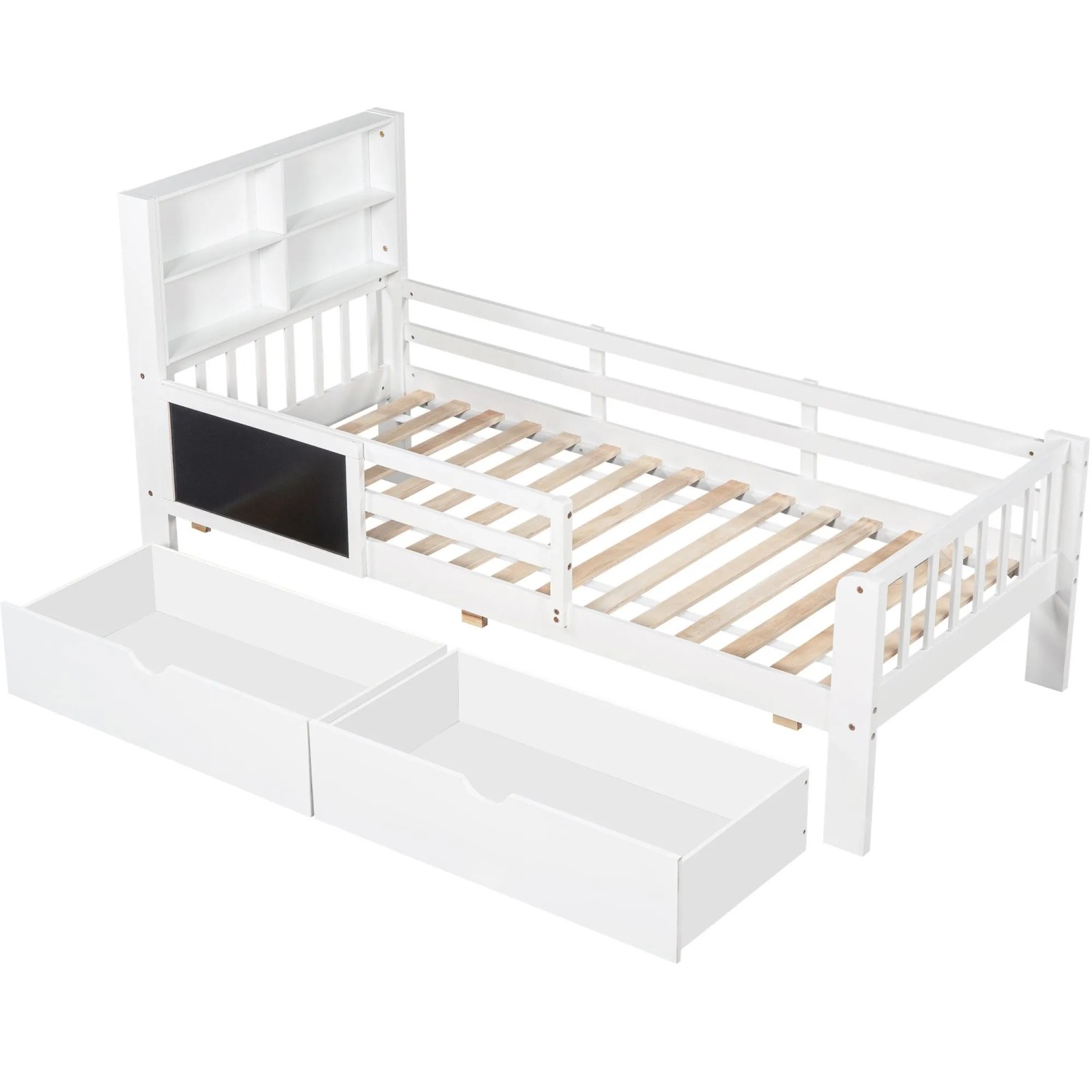 okwish Kinderbett 90x200cm mit Schubladen und Tafel Kinderzimmer Weiß ohne Matratze