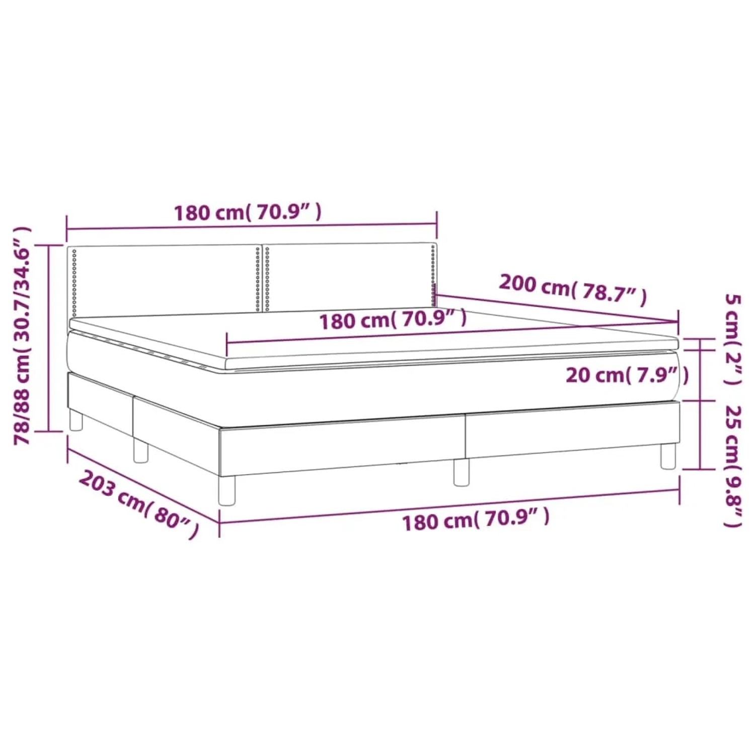 vidaXL Boxspringbett grau 180x200 cm mit Matratze und Kopfteil, Maßeinteilung.