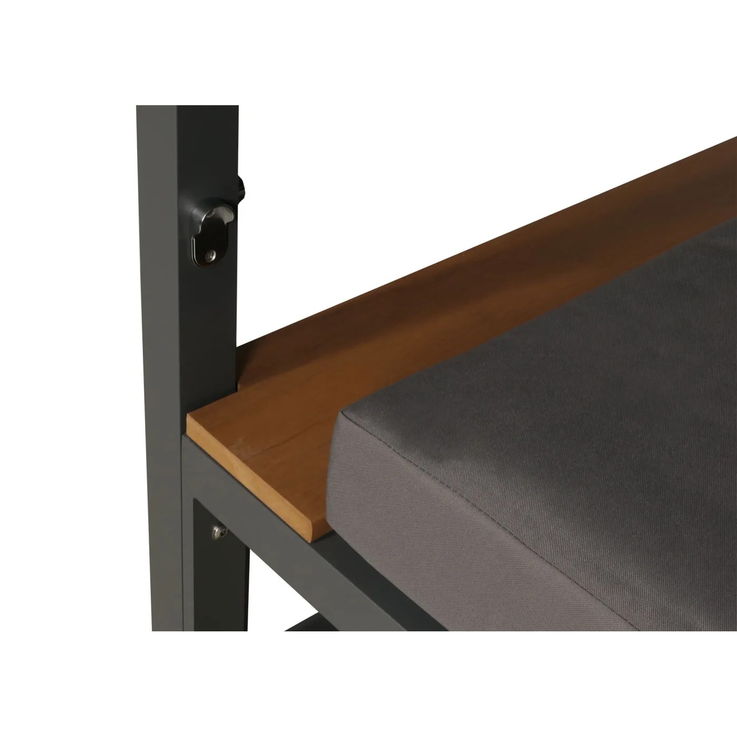 Detailansicht: Dunkelgraue MCW Lounge-Gartenliege M63 mit Ablage und Polster.