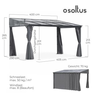 osoltus Alu Pavillon Toledo 3x4m, freistehend, mit anthrazitem Gestell, bronziertem Polycarbonat-Dach und grauen Seitenwänden.