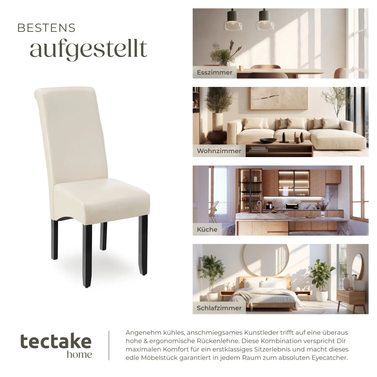Tectake Esszimmerstuhl, 4er Set, creme, mit Kunstlederbezug und hoher Rückenlehne.