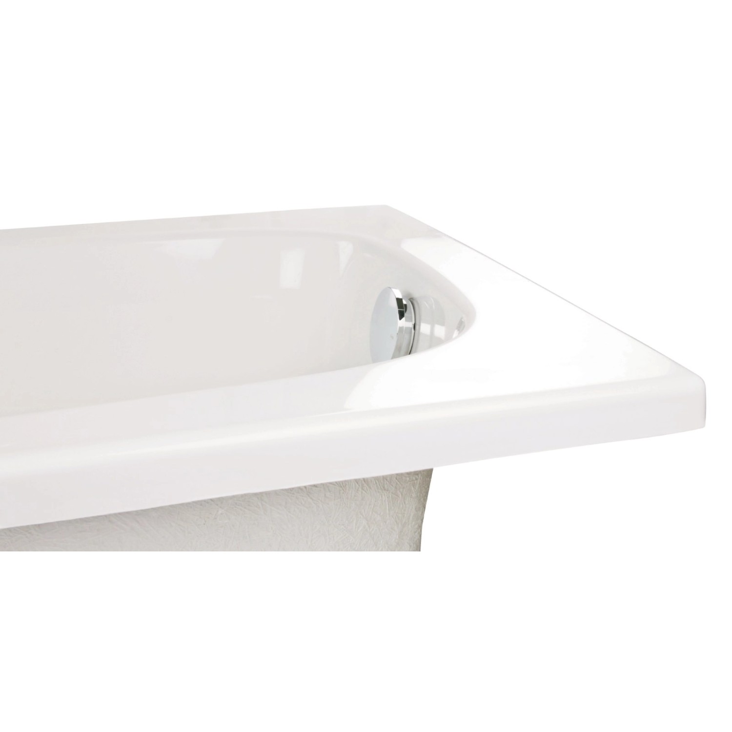 Detailaufnahme: Weiße Calmwaters Badewanne 170x75 cm mit Chrom-Ablaufgarnitur.