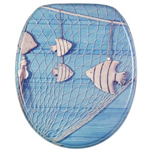 Sanilo WC-Sitz Seefahrt mit Absenkautomatik, Holz-Toilettendeckel mit Fisch-Motiven und Netz.