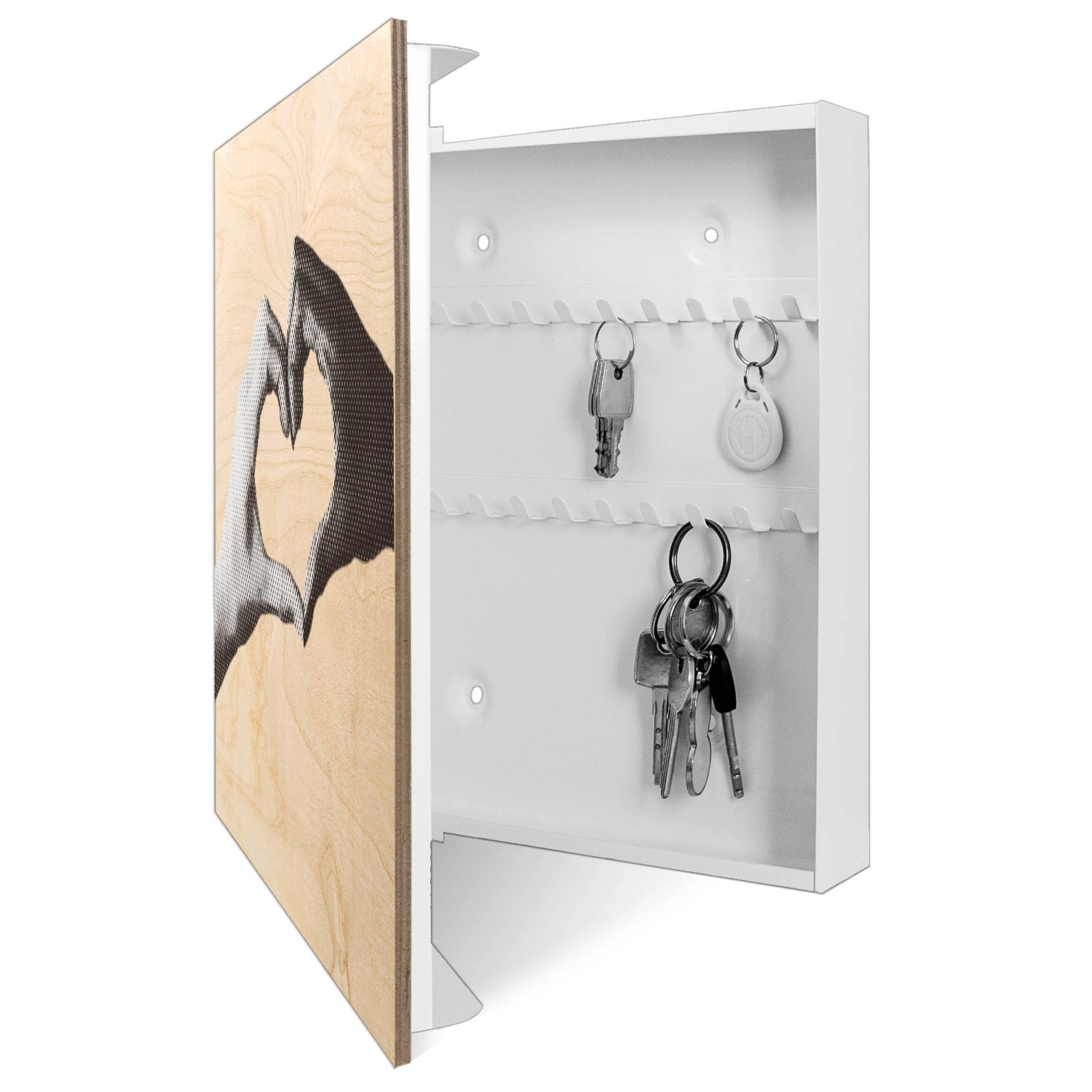 Banjado Schlüsselkasten mit Holzfront, Motiv Herzhände, 30x30cm, 50 Haken, Scharnier links.