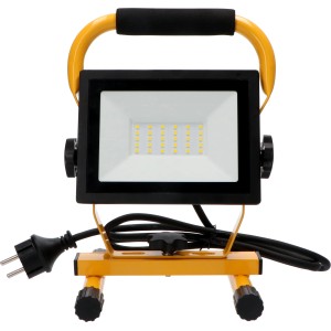 LED's Work LED-Baustrahler 30W, 4000K, IP54 mit gelbem Tragegestell und schwarzem Kabel.