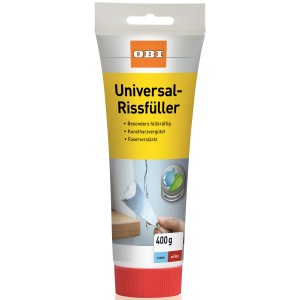 Tube OBI Universal-Rissfüller, 400g, weiß. Spachtel füllt Riss in Wand.