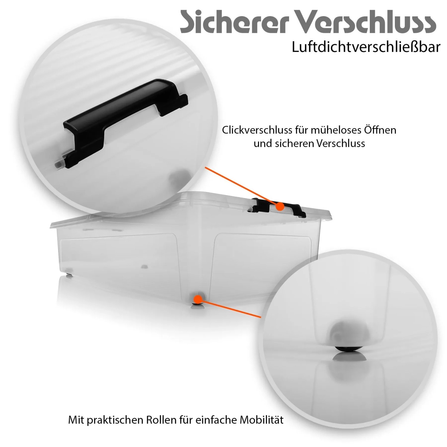 Transparente Unterbett Aufbewahrungsbox mit Rollen und luftdichtem Klickverschluss aus Kunststoff.