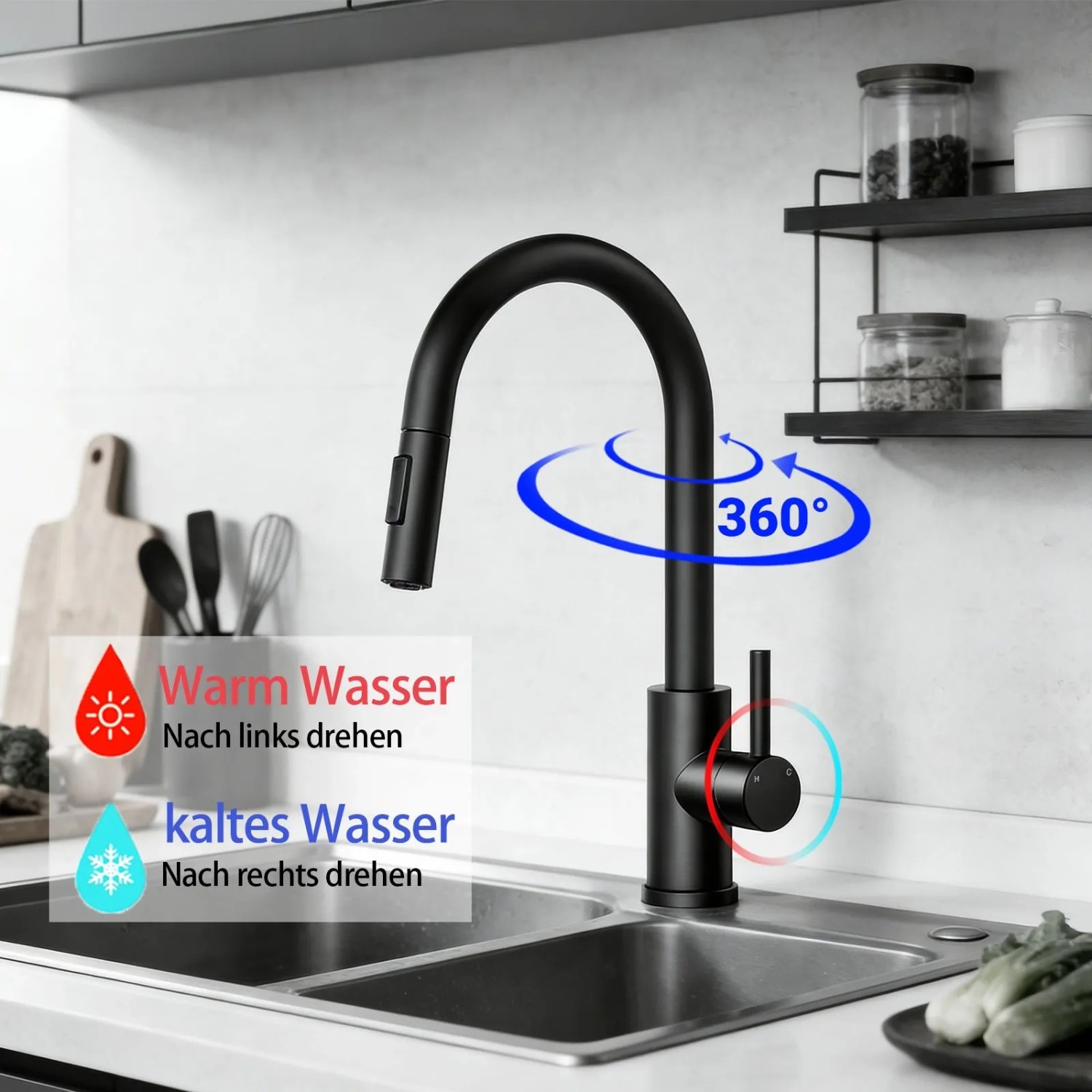 Schwarze AICA Spültischarmatur mit ausziehbarer Brause und 360° Drehung.