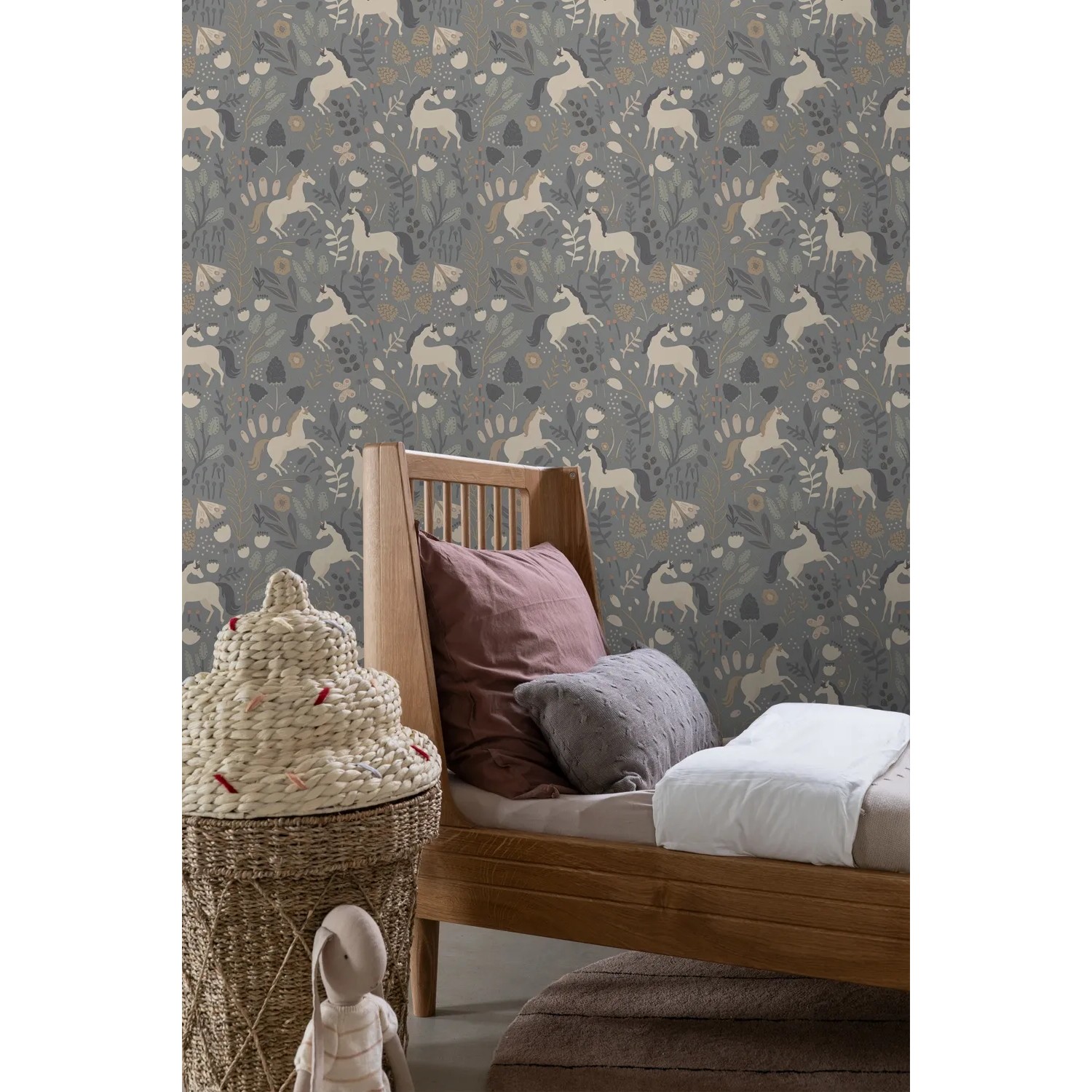 ESTAhome Vliestapete Einhörner graublau im Kinderzimmer, 50x900cm.