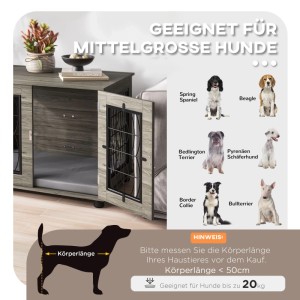 Graue PawHut Hundebox mit Kissen, Drahtgeflecht-Belüftung. Als Möbelstück für mittelgroße Hunde bis 20 kg, Körperlänge < 50cm.