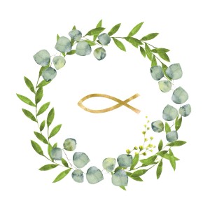 Papierservietten mit Eucalyptuskranz, Fisch-Motiv, 20 Stück, 16,5x16,5 cm, weiß-grün, FSC® zertifiziert.