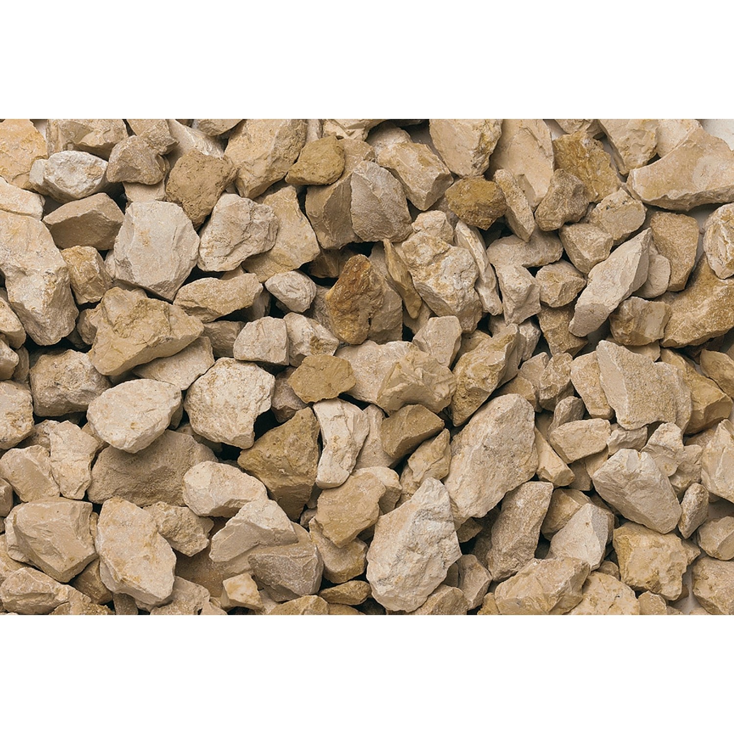 Helle, gelb-beige Bruchsteine (Kalkstein) für Gartenwege und Zierflächen, 60-120 mm.