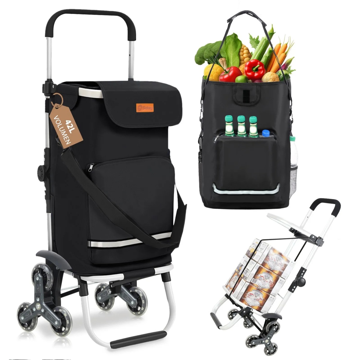 Sekey 3-in-1 Faltbarer Einkaufstrolley Treppensteiger mit Kühlfach und Spanngurt Schwarz