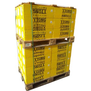 Palette Ytong Planblöcke, 104 Stück, für Innenwände. Porenbetonsteine in gelber Verpackung.